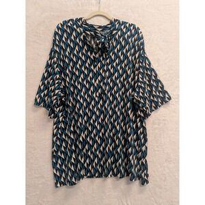 Worthington Womens 2X Tie Neck Blouse Top Blue Black White Geometric Print‎